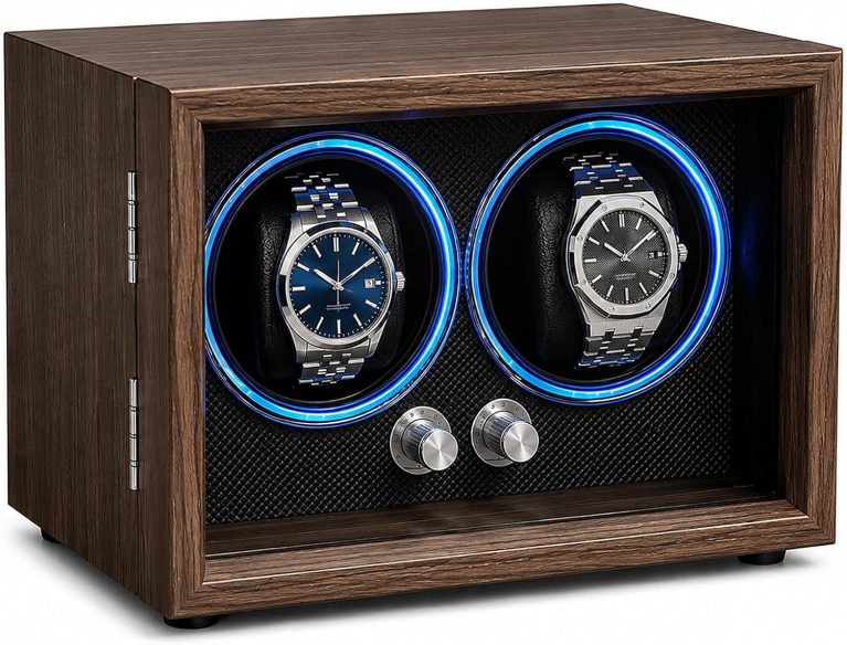 BeSokar Remontoir pour 2 montres - Moteur silencieux, 4 modes de rotation, protection magnétique, lumière d'ambiance bleue, design compact