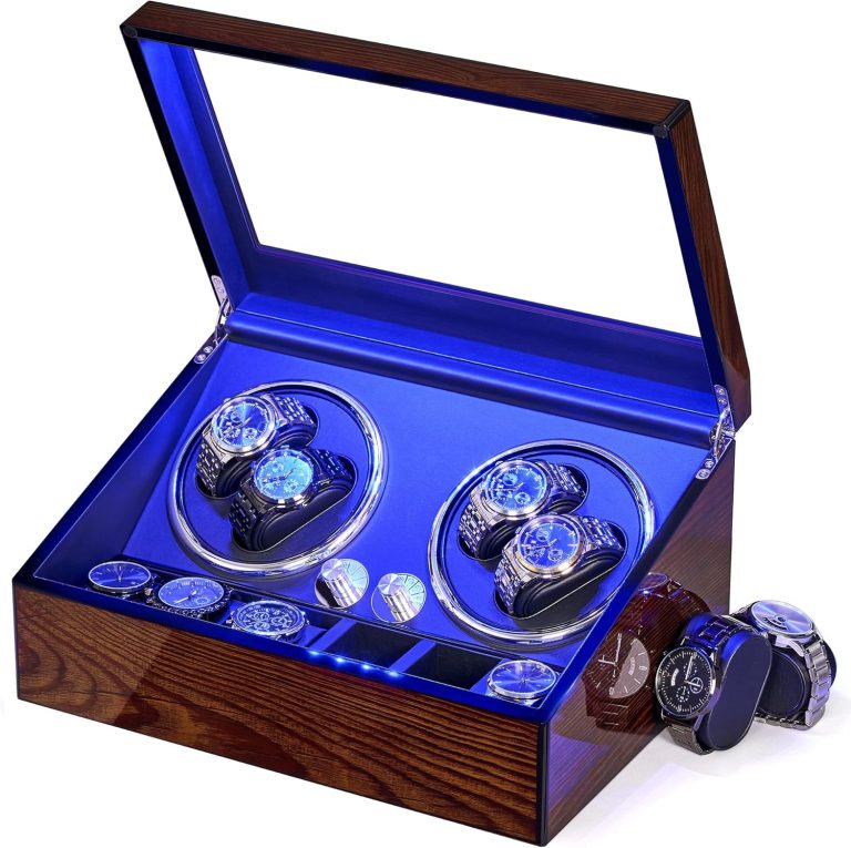 BEWISHOME Remontoir de Montre Automatique, Remontoir à Montres avec LED, 4 Remontoirs avec Moteur Silencieux et 6 Étuis de Rangement pour Montres, ESYQ01Y