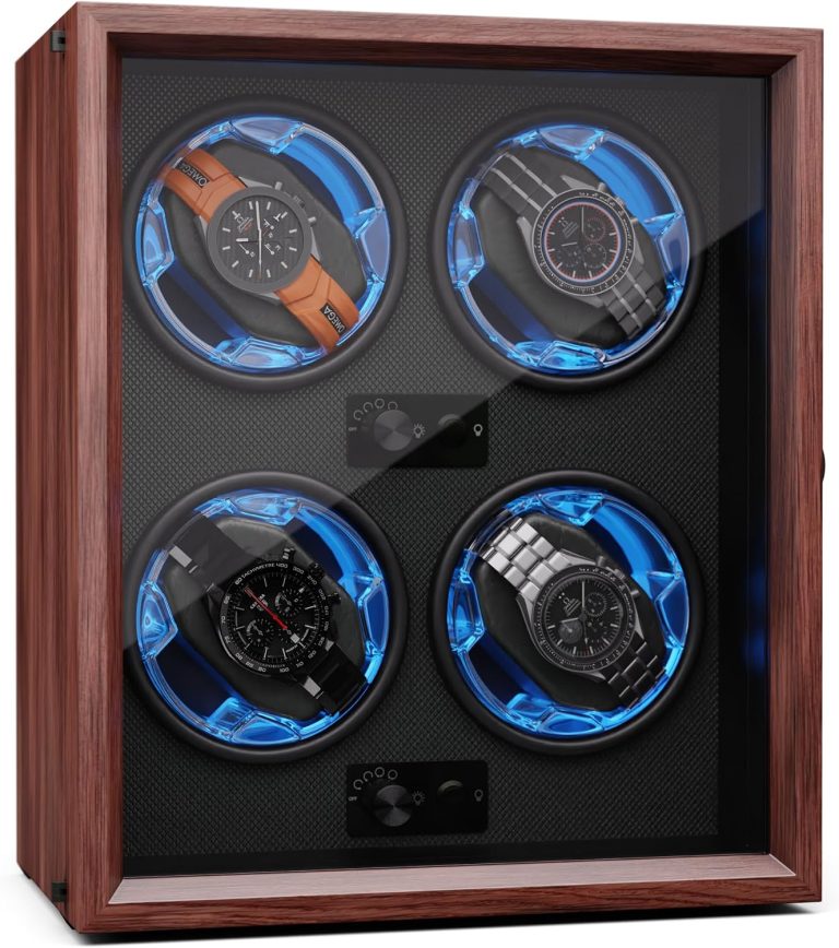 KLARSTEIN Remontoir de Montre pour Montres automatiques, Remontoir de Montre Automatique pour 4 Montres, avec Porte en Acrylique, LED Bleues, 4 Réglages TPJ