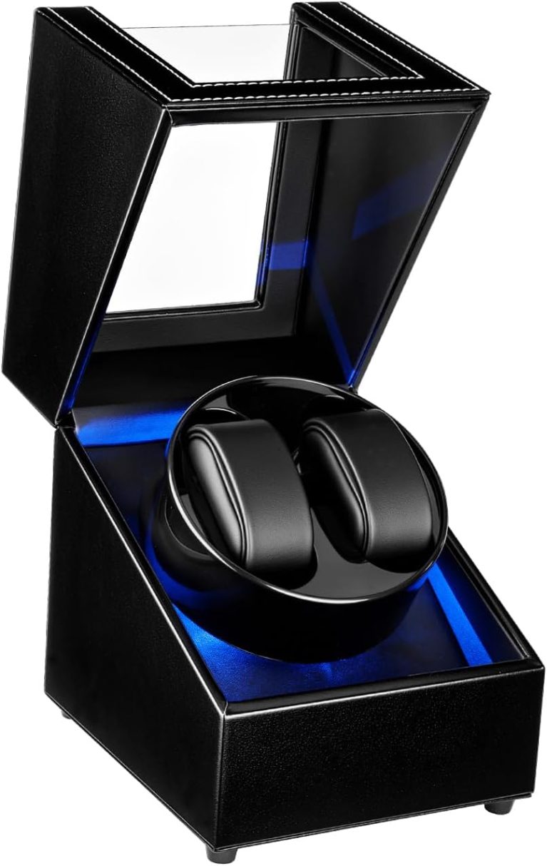Mcbazel Double Remontoir de Montre, Boîte à Montre à Double Position en Cuir PU, 5 Modes de Rotation Automatique, Boîte de Rangement avec Chargement USB et Lumière LED Bleue, Noire