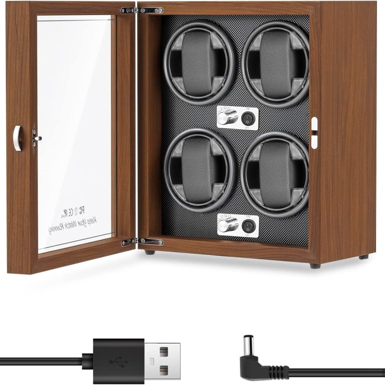 Mxmoonant Remontoir Automatique pour 4 Montres en Bois et Cuir, 5 Modes de Rotation avec Moteur Silencieux alimenté par USB, avec lumière LED pour Montres automatiques