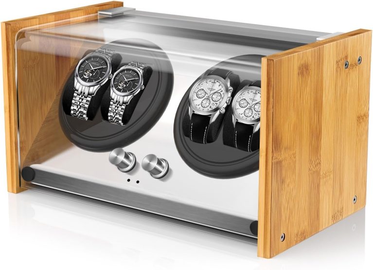 Watch Winder Smith Remontoir à Montres Automatique pour 4 Montres, 100% Artisanat Conception de Brevet en Bois de Bambou, Moteur Japonais Ultra-Silencieux à AC ou à Piles
